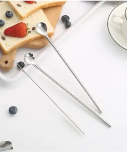 Stainless steel straw spoon set dual purpose long handle cherry blossom coffee mixing spoon.