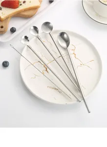 Stainless steel straw spoons set long handle coffee stirring spoon with cleaning brush detail.