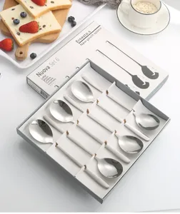 Stainless steel Korean style dinner spoons 6 piece set with elegant gift box packaging.