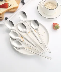 Stainless steel Korean style long handle spoons set for home dining, soup and dessert.