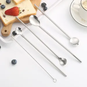 Stainless Steel Long Handle Drinking Straw Spoon Creative Cherry Blossom Coffee Stirring Spoon Reusable Metal Straws