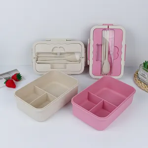 Wheat straw bento lunch box with compartments and spoon chopsticks tableware set main view