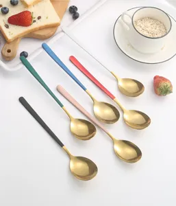 Stainless steel long handle spoon with gold bowl and colorful handle, perfect for coffee and soup.