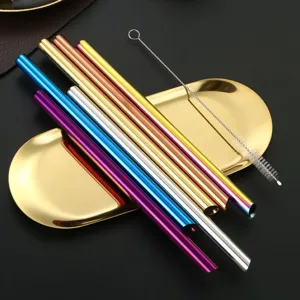Pajitas Inclinadas de Acero Inoxidable 304 Chapadas en Titanio Coloridas Pajita de Metal Reutilizable para Café Leche Té