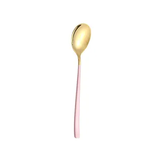 Elegant 304 stainless steel long-handled spoon with pink matte finish for dining table.
