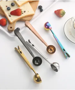 Stainless steel coffee spoon with clip, multi-color sealing scoop for kitchen baking.