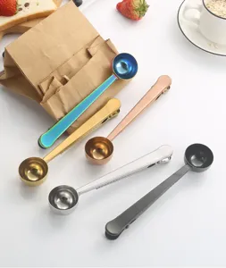 Stainless steel coffee spoon with clip multifunctional measuring scoop for kitchen baking 5pcs