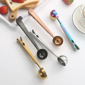 430 Stainless Steel Coffee Scoop with Sealing Clip Multi-functional Kitchen Measuring Spoon