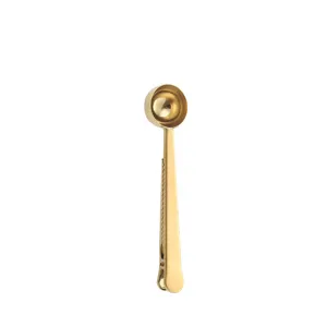 Stainless steel coffee scoop with bag clip, gold measuring spoon for kitchen baking and powder.