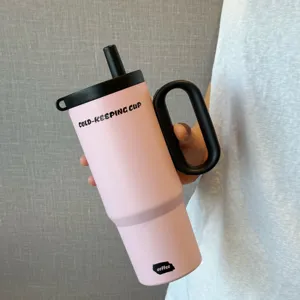Edelstahl Becher mit Henkel und Strohhalm, rosa isolierte Wasserbecher für den Alltag