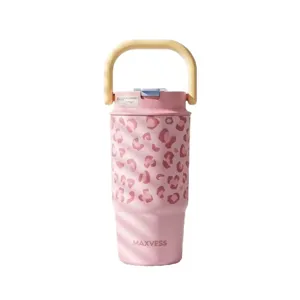 Stylish pink leopard print stainless steel insulated tumbler with a cream handle