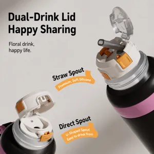 Stainless steel insulated water bottle with dual drinking lids, portable sports cup.