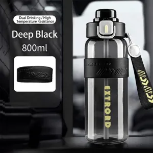 High capacity deep black 800ml sport water bottle with straw and protective silicone sleeve
