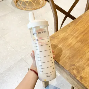 Clear plastic straw water bottle with time markers and daily drink design for office or gym use.
