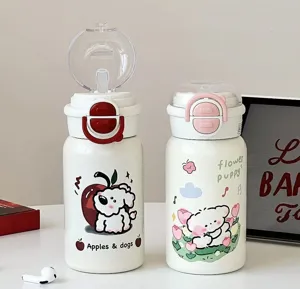 Bottiglia termica in acciaio inossidabile con doppio coperchio e simpatico design.