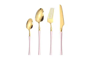 Gold stainless steel cutlery set with pink handles, detail view of knife, fork, and spoons.