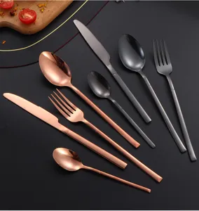 Juego de cubiertos de acero inoxidable oro rosa y negro, cuchillo tenedor cuchara modernos.