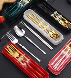 Tragbares Edelstahl Besteckset mit Staebchen Loeffel Gabel und Aufbewahrungsbox.