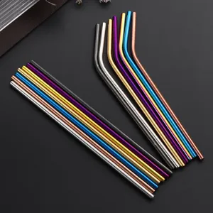 Buntes 304 edelstahl metall trinkhalm set mit geraden und gebogenen wiederverwendbaren rohren