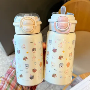 Grande Capacité 316 Acier Inoxydable Bouteille d'Eau Isolé Sous Vide Chien Mignon Impression Paille Tasse Thermos Boissons Étudiant
