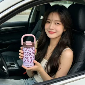 Edelstahl Thermosflasche mit rosa Leopard Muster und tragbarem Griff für den täglichen Gebrauch.