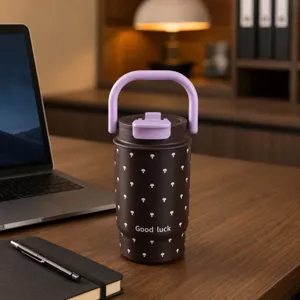 Tragbare Edelstahl Thermosflasche Wasserflasche mit Pilzmuster und violettem Griff.