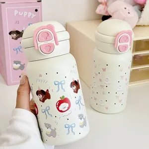 Bellissima borraccia termica in acciaio inox con cannuccia, motivo cucciolo, acciaio 316.