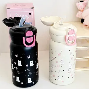 Adorable borraccia in acciaio inossidabile con cannuccia e motivo di cucciolo.
