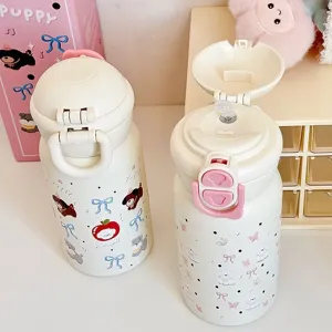 Bellissima borraccia in acciaio inox 316 con paglia da donna, thermos isolato con stampa cucciolo.