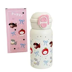 Carina borraccia termica in acciaio inossidabile 316 con paglia, design cucciolo rosa.