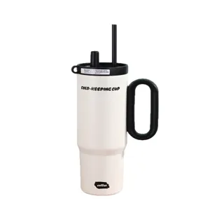 White large capacity thermal straw cup with handle for car and travel use, portable tumbler.