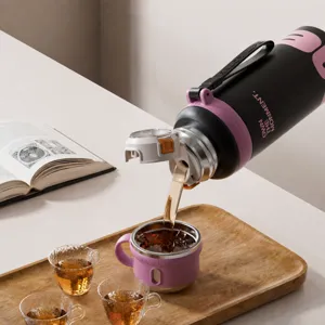 Large capacity insulated water bottle with 3-in-1 lid, portable handle, outdoor sports.