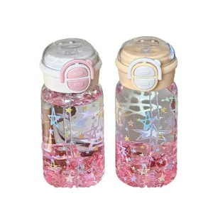 Cute plastic straw water bottle with star glitter, portable large capacity cute student cup main