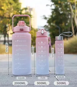 Gradient plastic water bottle set of 3 with time markers, large capacity sports cups.