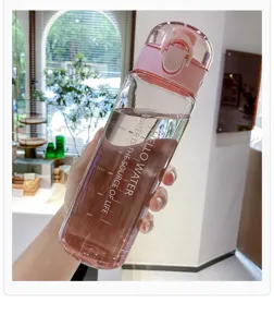 Clear plastic water bottle with pink lid and scale lines, portable large capacity sports cup.
