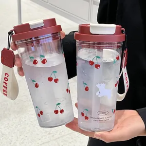 Süßer Plastik Strohhalm Becher Tragbare Große Kapazität Wasserflasche Mit Cartoon Druck Für Studenten Tägliches Outdoor