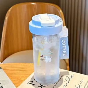 Portable plastic water bottle with straw, cute dog print and strap for daily use.