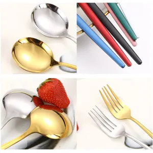 Stainless steel flatware set featuring multi-color handles, durable cutlery for dining.
