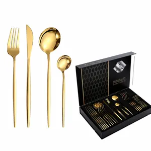24-piece golden stainless steel cutlery set, luxury knife fork spoon tableware gift box.
