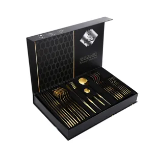 Luxury 24-piece stainless steel gold cutlery set in presentation gift box for table dining.