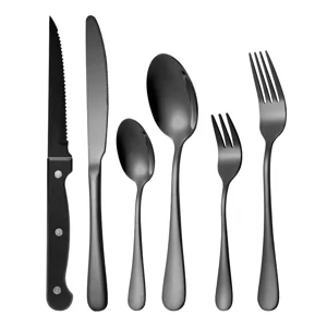 Matte black stainless steel cutlery set including steak knives, forks and spoons for dining.