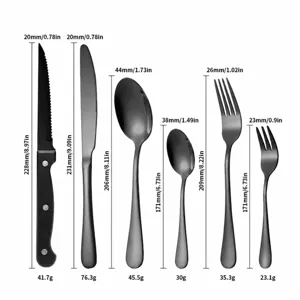 Black stainless steel cutlery set dimension chart showing knife fork spoon sizes and weights