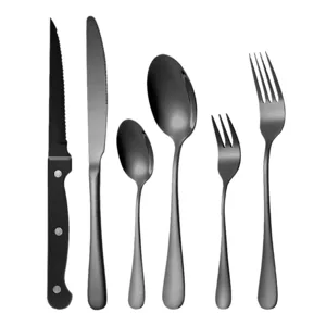 Modern black stainless steel cutlery set including knives, spoons, and forks for dining table.