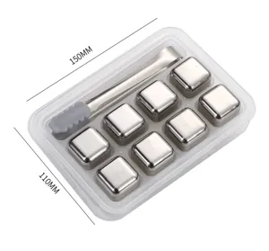 Reusable stainless steel ice cubes set whisky stones with metal tong and storage box