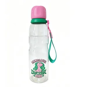 Botella de agua deportiva transparente y portátil con tapa rosa y bonito diseño de dinosaurio.