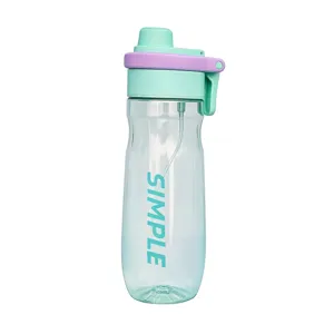 Portable clear plastic water bottle with straw and spray lid for sports and school use.