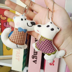 Cute couple puppy plush keychains with sweet plaid vests and metal bead chains for bags.