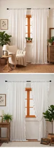 Detalle de cortinas blancas con volantes de estilo francés elegante para decoración del hogar.