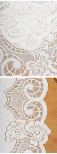 Nahaufnahme der weißen Spitzen-Tischdecke mit filigranem Retro-Blumenmuster und feiner Textur.