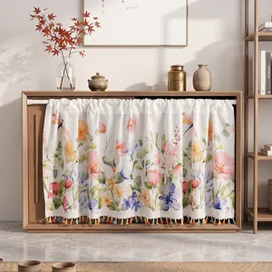 Watercolor floral short cabinet curtain for kitchen decor, stylish tension rod window shade.